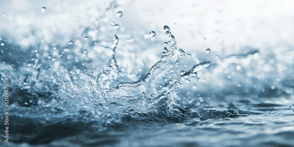 Poster water surface with dynamic splashes of clear blue droplets against a soft blurred backdrop creating 