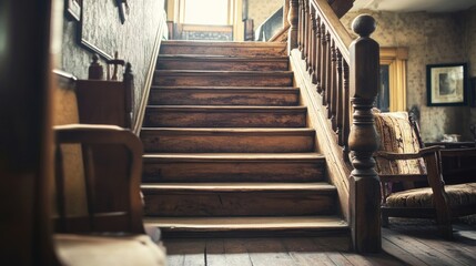 Obraz premium Rustic wooden staircase in vintage home interior.