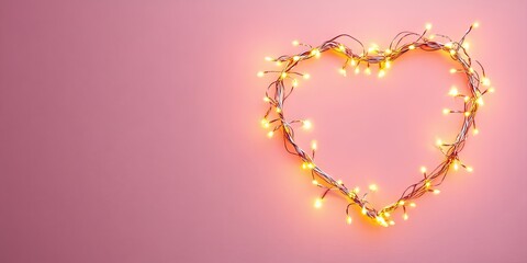 Heart-shaped glowing electric garland with warm yellow lights on a soft pink background ideal for Valentine's Day decorations and invitations.