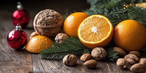 Walnuts and oranges with red Christmas ornaments on a wooden surface surrounded by pine branches and scattered almonds, warm festive colors