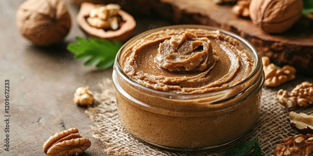 Poster walnut butter in a glass jar on a rustic wooden table with fresh walnuts and green foliage, vertical