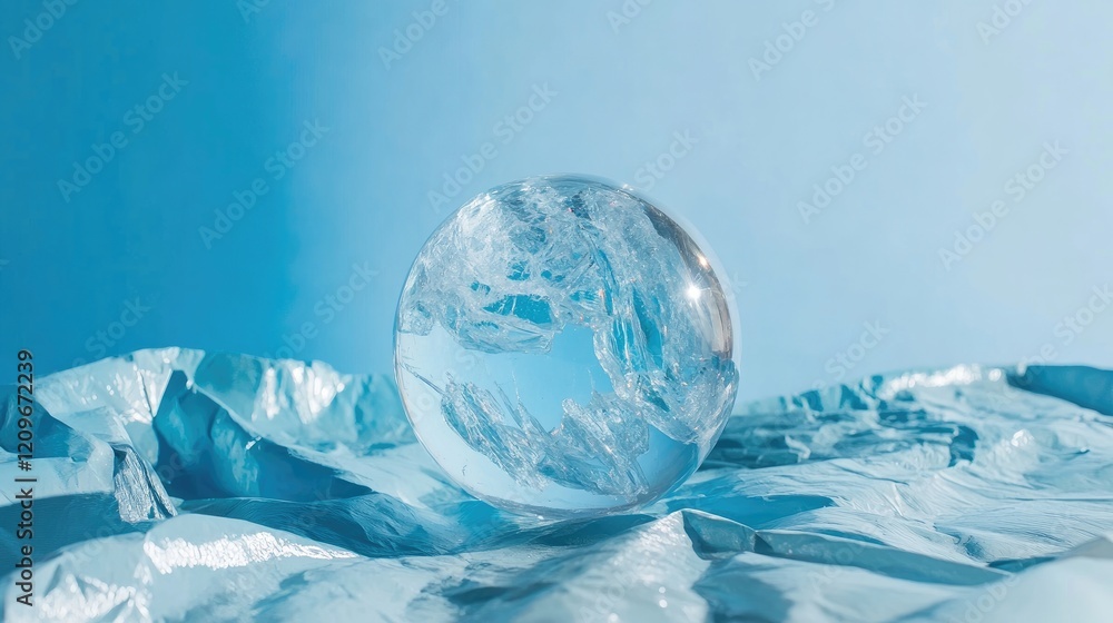 Poster crystal clear sphere on textured blue backdrop showcasing reflections and transparency in a minimali
