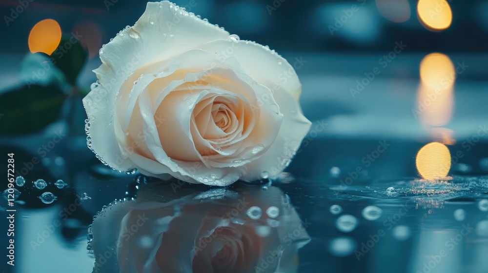 Poster Single delicate white rose with dewdrops on a reflective surface creating a serene and elegant atmosphere with soft bokeh lights.