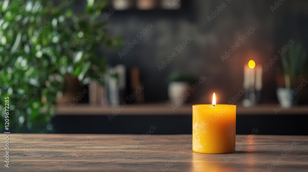 Poster Yellow candle burning on wooden table with blurred dark background and soft bokeh effect creating a cozy and serene atmosphere