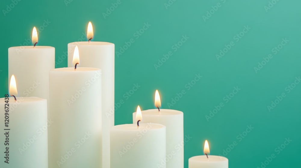 Poster elegant arrangement of white pillar candles on a soothing green background creating a serene and tra