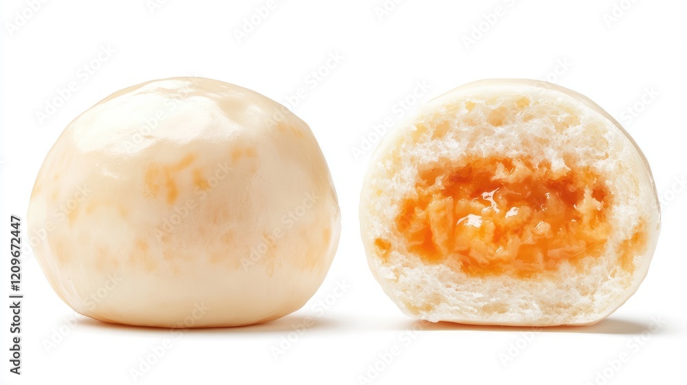 Poster delicious soft bun with sweet filling sliced in half on a clean white background ideal for culinary 