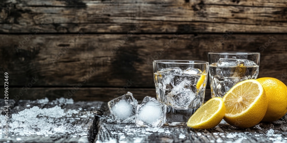 Poster vodka shot glasses with ice and lemon slices on a rustic wooden table background with space for text