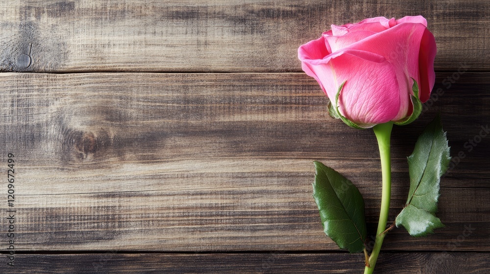 Poster single pink rose placed elegantly on rustic wooden table with ample space for text or design, convey