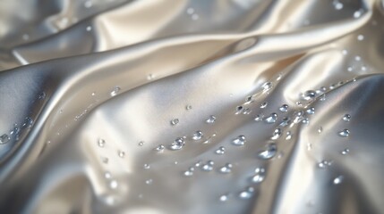 Water droplets on elegant cream silk fabric.