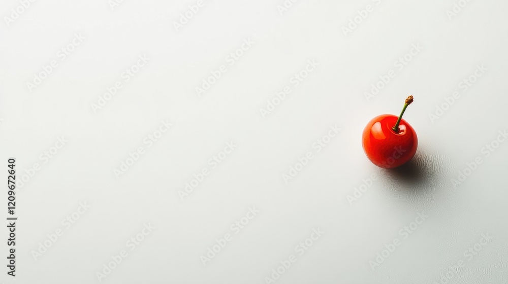Poster single vibrant red cherry isolated on clean white background showcasing freshness and simplicity in 