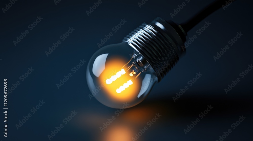 Poster LED light bulb illuminated in dark setting showcasing warm glow and modern design highlighting energy-efficient lighting concepts