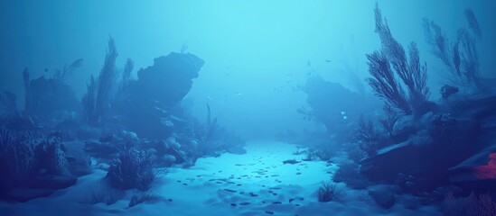 Obraz premium Underwater scene with sandy seabed, rocks, and coral.