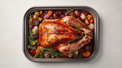 Fototapeta premium Golden-brown roasted turkey centerpiece surrounded by vibrant assorted seasonal vegetables including carrots, potatoes, and herbs on grey background.