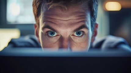 Close-Up of a Focused Male User Analyzing Security Software on a Computer Screen with Intense Blue Eyes Surrounded by Soft Warm Lighting