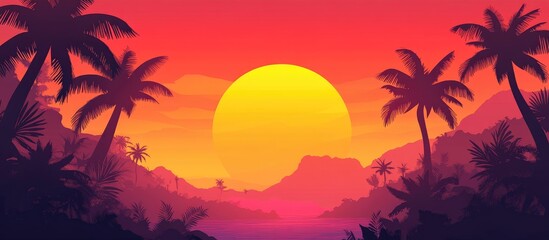 Vibrant tropical sunset with dramatic orange and pink hues over a serene island oasis featuring silhouetted palm trees and tranquil waters