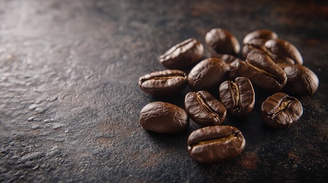 Close-up of roasted whole coffee beans artfully arranged on a textured dark brown background showcasing intricate details and rich colors