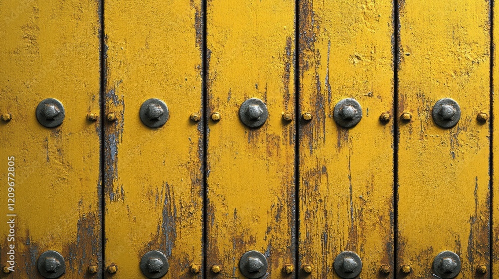 Aufkleber aged yellow wood surface with rugged texture and metallic rivets creating a rustic and industrial ae