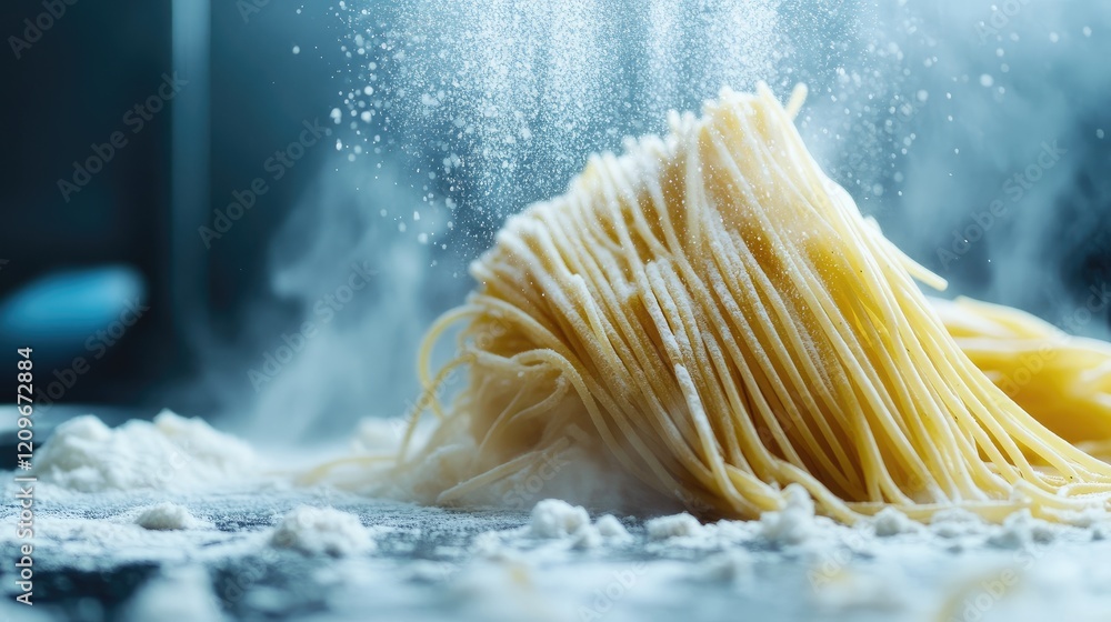 Poster handmade spaghetti resting on a flour-dusted surface with flour sprinkling down creating a rustic an