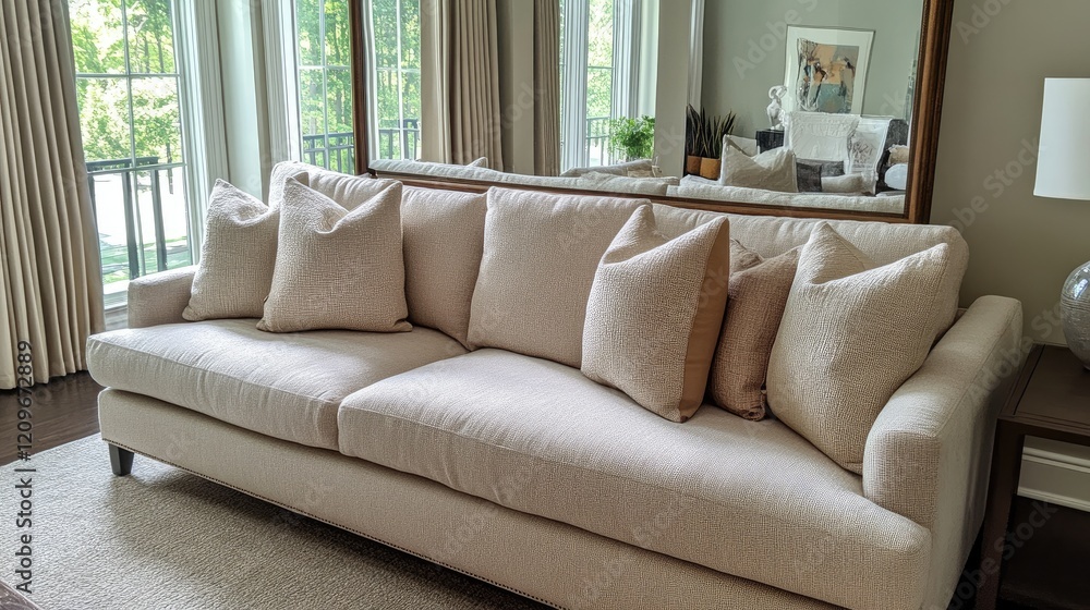 Poster Elegant sofa adorned with neutral pillows reflecting in infinity mirror, creating a spacious and sophisticated living room ambiance.