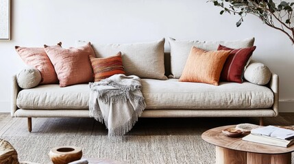 Mocha Mousse sofa set styled with cozy throws and vibrant accent pillows in a serene, open-plan living room