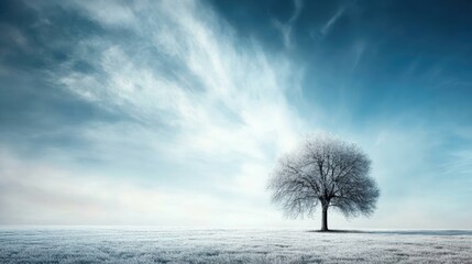 Lonely oak tree in a snowy field under soft blue sky with wispy clouds symbolizing winter tranquility and anticipation of spring growth