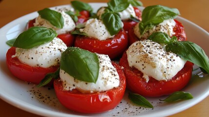 Fresh burrata cheese atop roasted red tomatoes garnished with vibrant green basil leaves on a white plate against a warm wooden background.