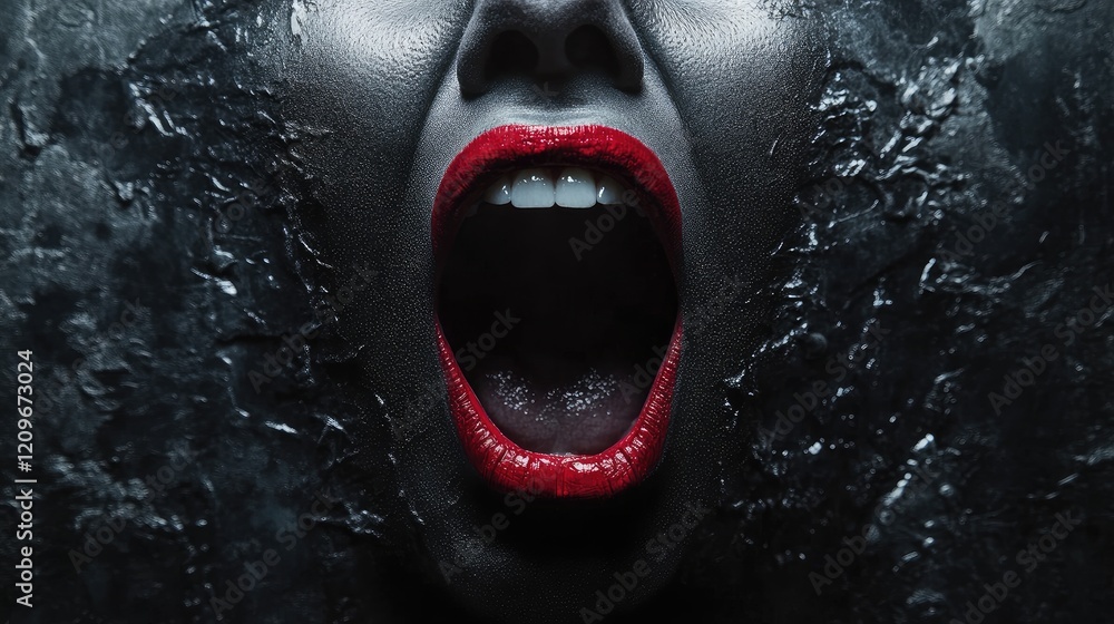 Poster screaming face with bold red lips emerging from a textured dark background conveying intense emotion