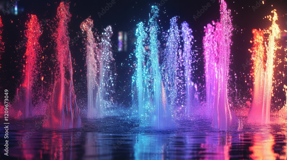 Poster colorful illuminated fountains dancing in rhythmic patterns at night creating a mesmerizing visual d