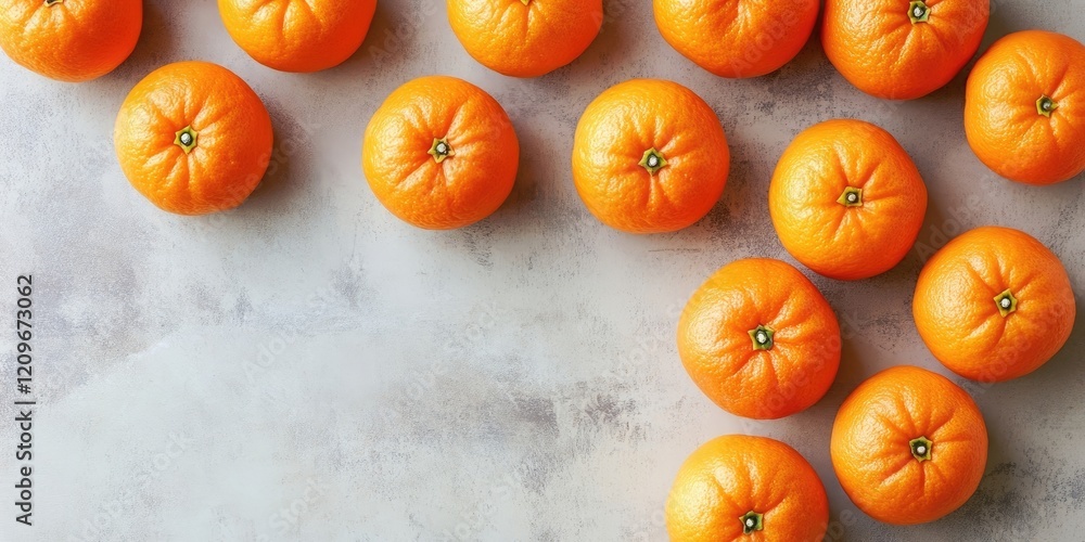 Poster vibrant orange tangerines arranged in a flat lay on a light grey textured table with ample negative 