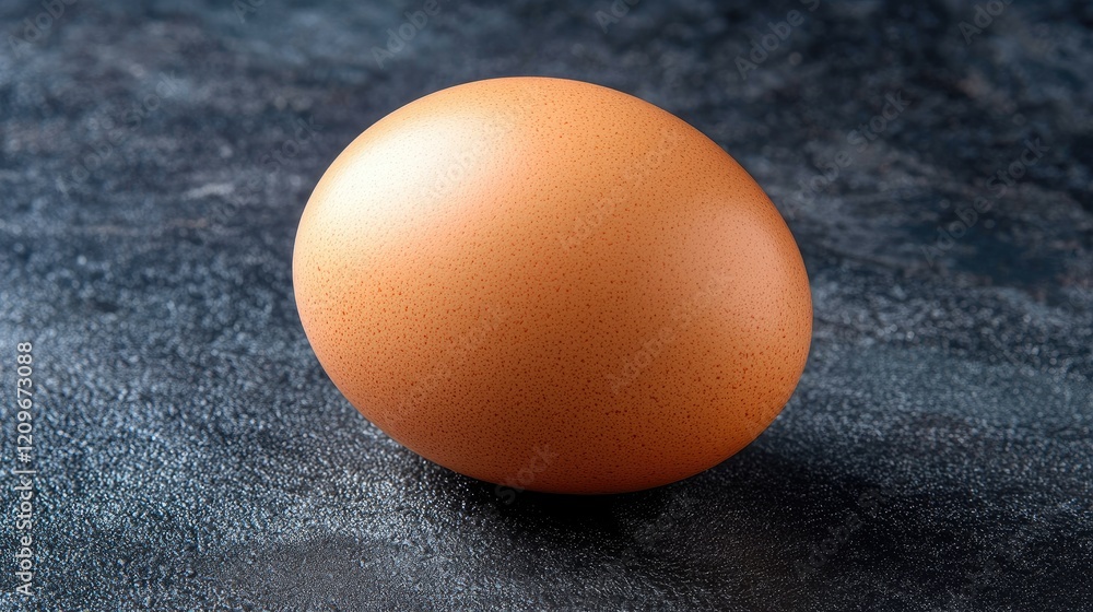 Poster brown egg resting on dark textured surface with soft highlights and shadows creating an elegant food