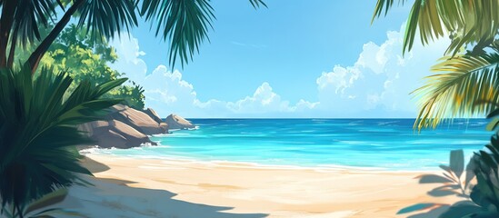 Tranquil Tropical Beach Landscape featuring Crystal Clear Blue Waters, Soft Sandy Shore, Lush Green Palm Trees, and Bright Sunny Sky