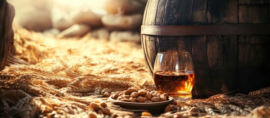 Golden liquor in a glass near a wooden barrel on grain.