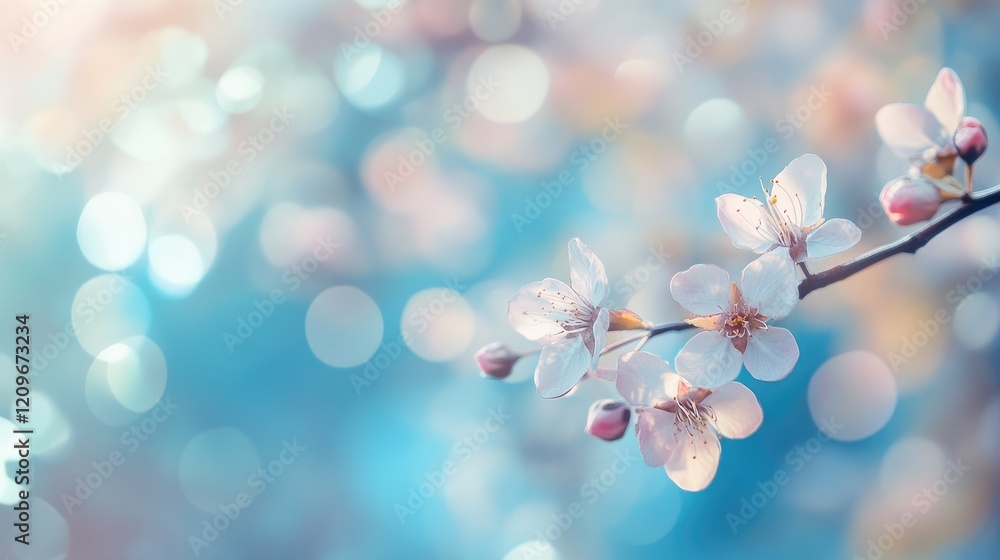 Poster delicate cherry blossom branch against a soft blue and white backdrop with gentle bokeh lighting for