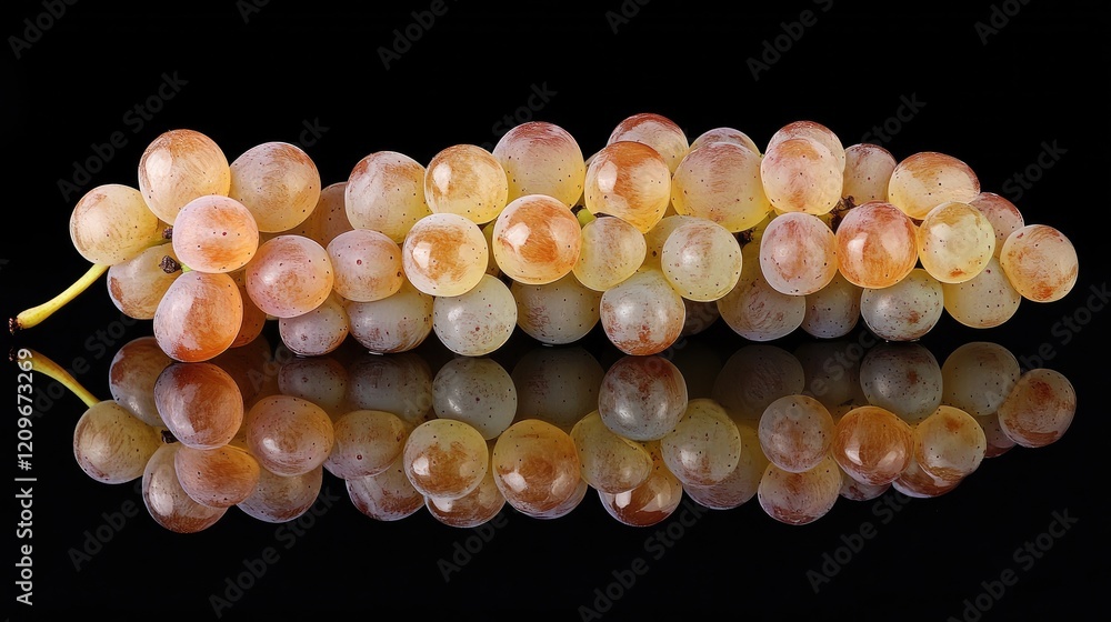 Poster Close up of a single cluster of white grapes showcasing delicate colors and a glossy reflection on a black background
