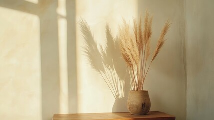 Naklejka premium Scandinavian inspired home interior featuring a wooden table and a vase with dried pampas grass casting soft shadows on the wall