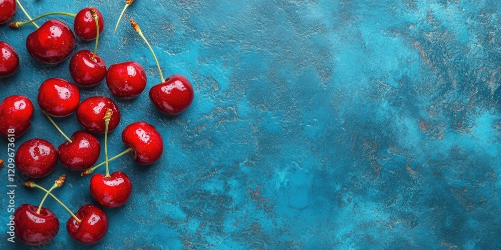 Poster vibrant red cherries arranged on the left against a textured blue cement background with ample empty