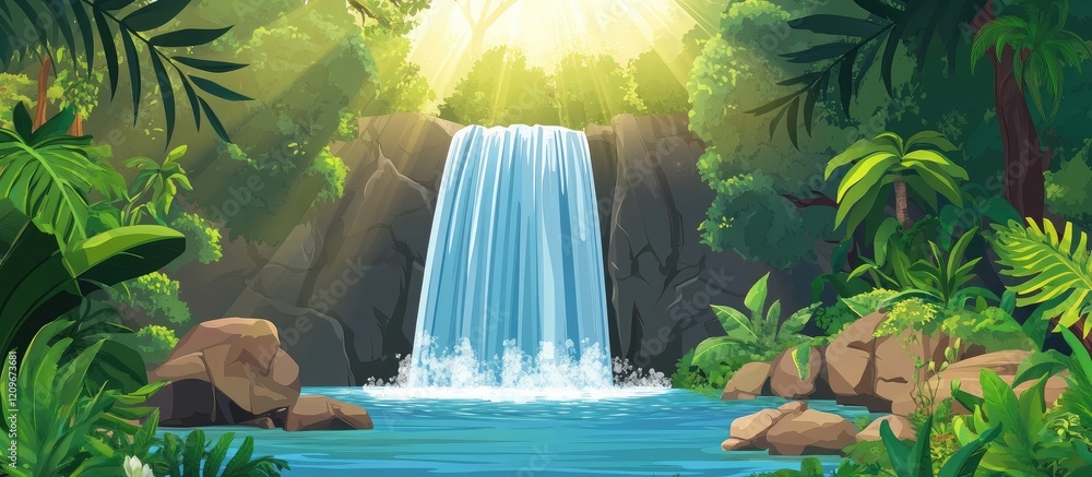 Poster tranquil waterfall cascading into clear pool surrounded by vibrant green foliage and sunlight filter