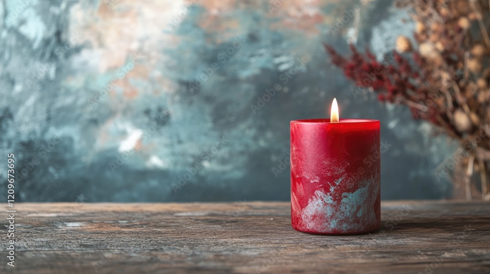 Poster red candle flickering softly on rustic wooden surface with blurry background accentuating cozy atmos