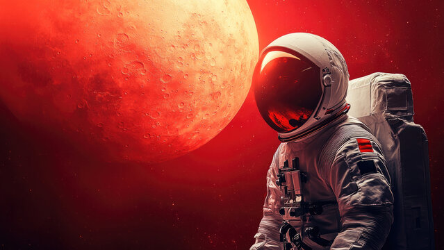 Space Explorer Walking On Mars With Rugged Landscape And Sunset Glow