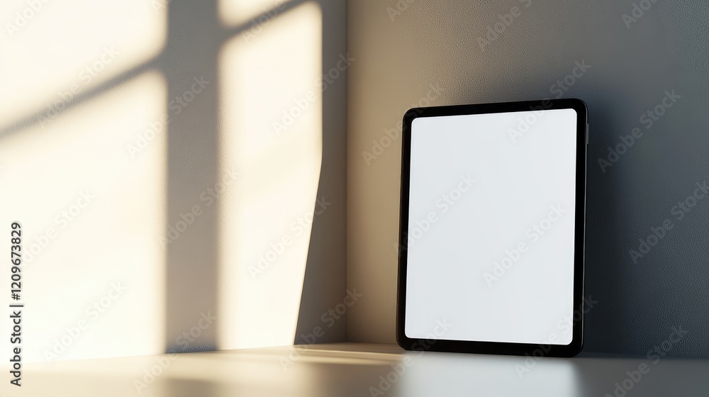 Poster black digital tablet mockup with blank white screen positioned on neutral gray background illuminate