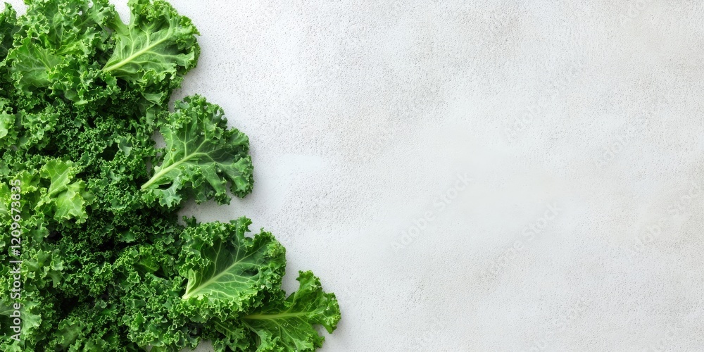 Poster fresh green kale leaves arranged on light gray textured background with ample blank space for text o