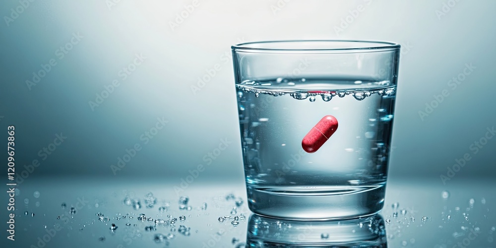 Poster glass of water with a red capsule submerged in it on a reflective surface with soft blue background 