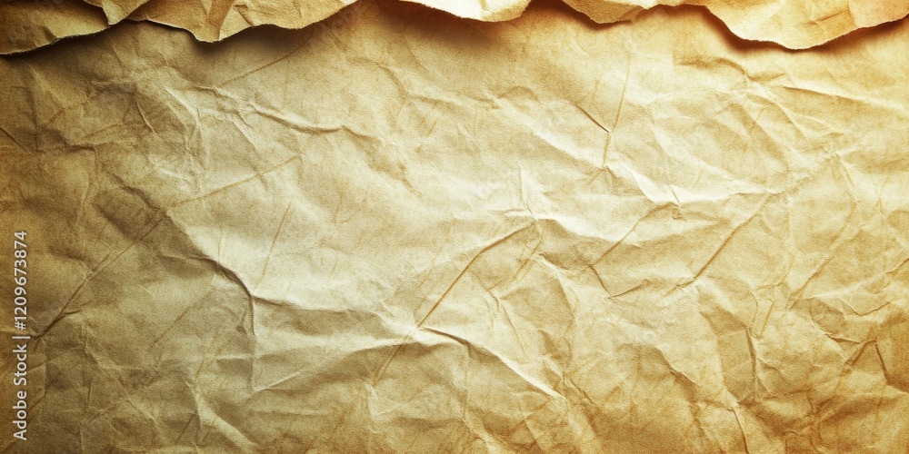 Poster crumpled vintage paper texture in warm beige tones with soft shadows creates a rustic background, id