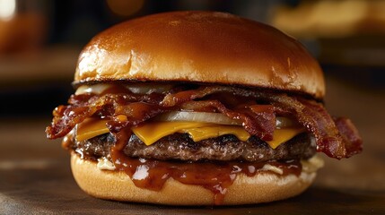Juicy bacon burger with chipotle sauce and melted cheese served on a soft bun against a blurred rustic background.