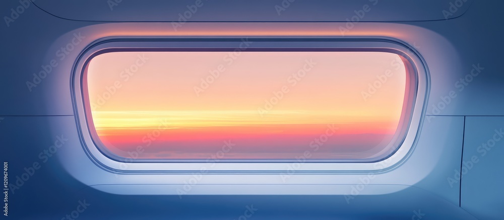 Poster tranquil airplane window sunset over colorful horizon with soft pastel shades and space for custom t