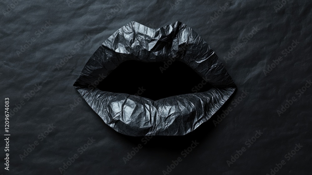 Poster Black crumpled dry cleaner paper shaped like lips on a dark background with ample copy space for text artistic and unique graphic design