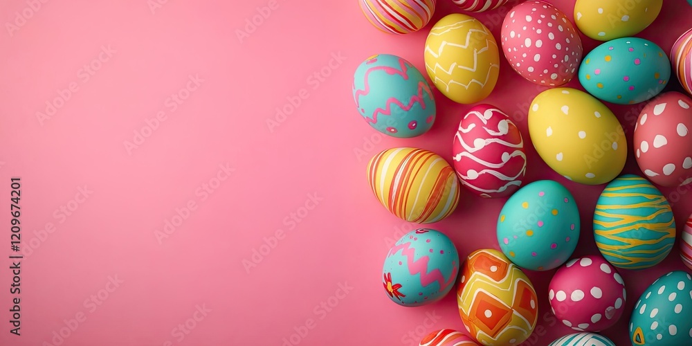 Poster vibrant easter eggs in various colors arranged on the right against a soft pink backdrop with ample 