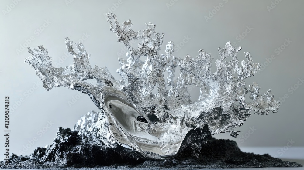 Poster abstract glass sculpture mimicking flowing water with intricate details and dynamic forms showcasing