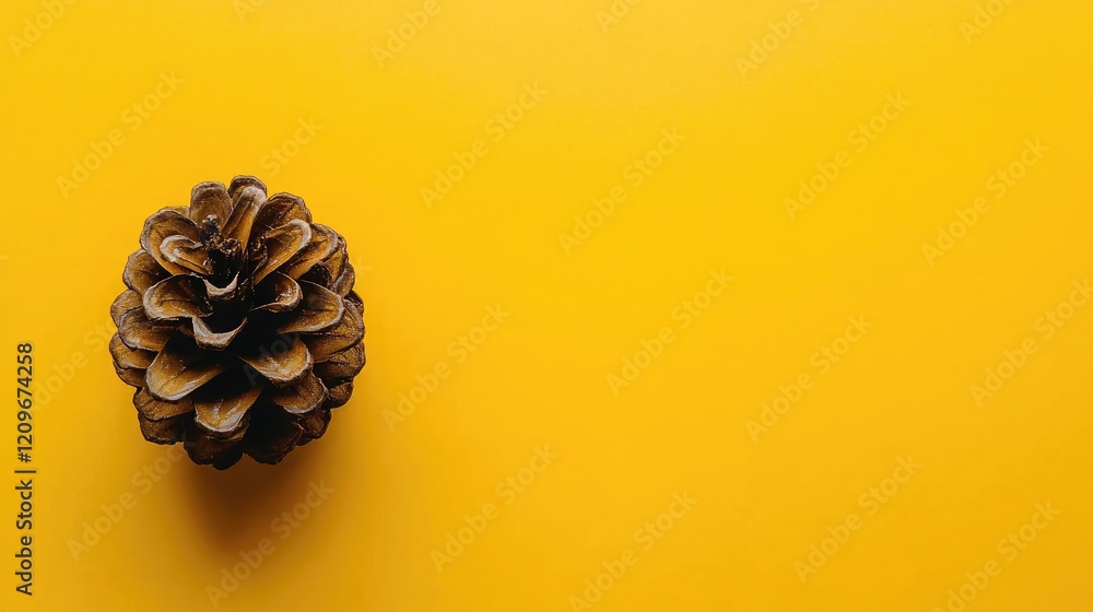 Poster isolated pinecone on vibrant yellow background showcasing natural textures and colors for seasonal o