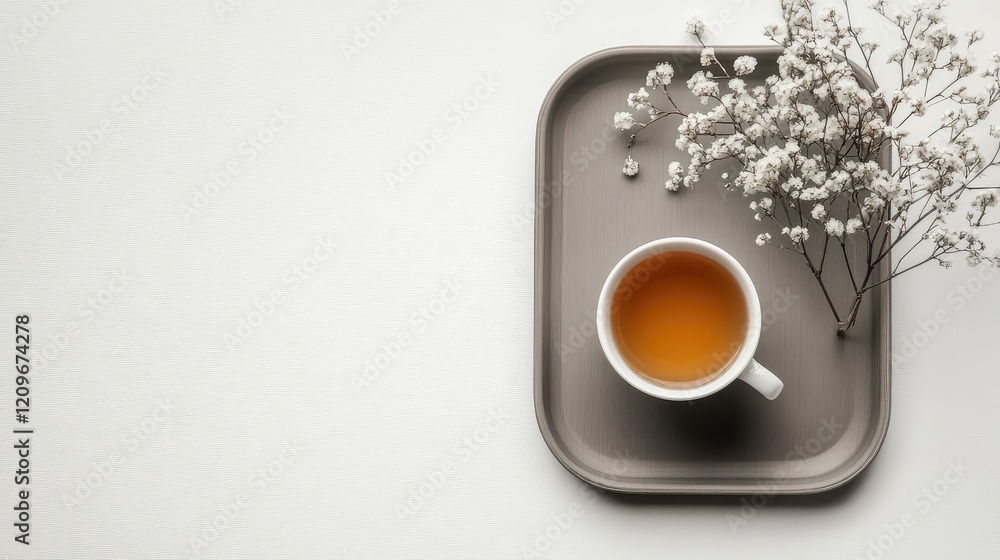 Poster minimalistic flat lay of a tea cup on a tray with delicate flowers creating a serene and calming vib